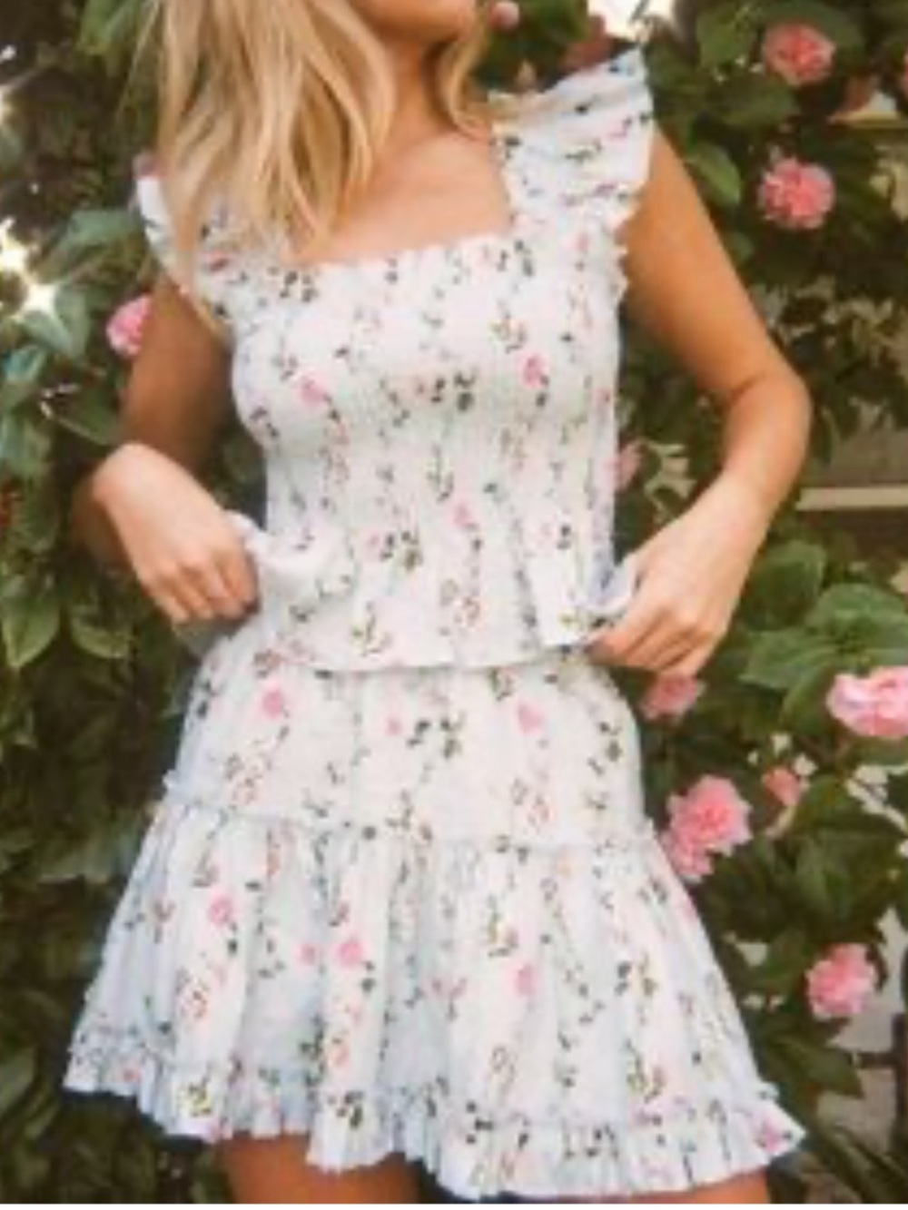 Hill House La Paz blue floral linen skirt and tank set ruffle small